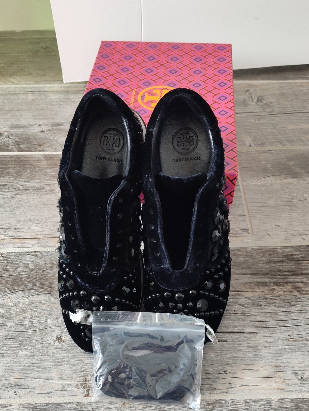 Tory Burch Black Velvet Studded Slip-Ons with Gem Accents